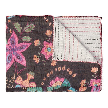 Homeroots 50" X 70" Brown And Beige Floral Cotton Quilted Kantha Throw Blanket with Embroidery 544551