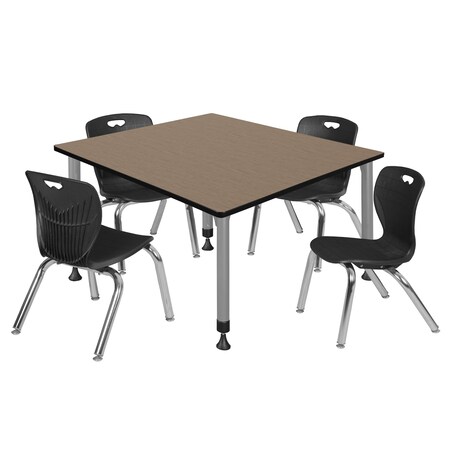 Regency Square Kee Adjustable Classroom Table W/ 4 Andy Stack Chairs, 48 in W, 48 in L, Noble Oak TB4848NOAPGY45BK