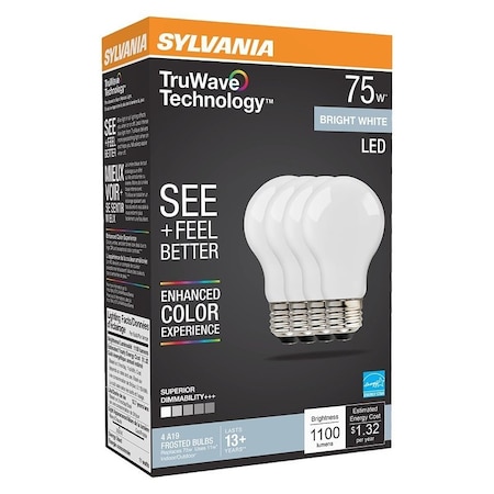 Sylvania Natural LED Bulb, A19 Lamp, 75 W Equivalent, E26 Medium Lamp Base, Dimmable, Frosted 41297