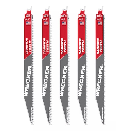 Milwaukee Tool 12 in. 6 TPI SAWZALL THE WRECKER with CARBIDE TEETH Multi-Material Reciprocating Saw Blade (5 pk) 48-00-5543