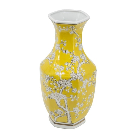 Homeroots 14" Yellow And White Chinoiserie Floral Porcelain Table Vase 565444