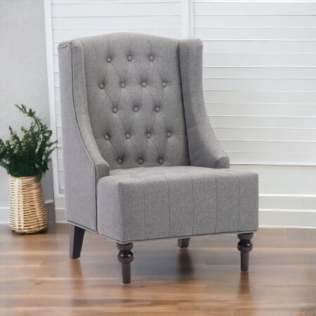 Homeroots 25" Gray and Black Upholstered Tufted Wingback Chair 526469
