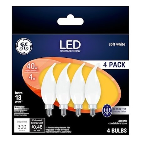 Ge Industrial Solutions LED Bulb, Decorative, CAC Lamp, 40 W Equivalent, E12 Lamp Base, Dimmable, Frosted, 4PK 37418