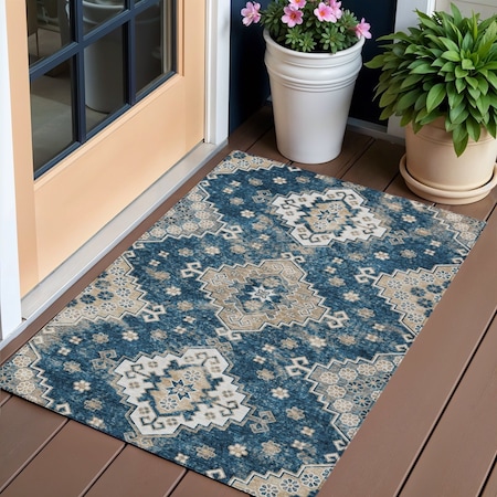 Homeroots 3' X 5' Navy Blue Beige And Ivory Medallion Washable Indoor Outdoor Area Rug 589008