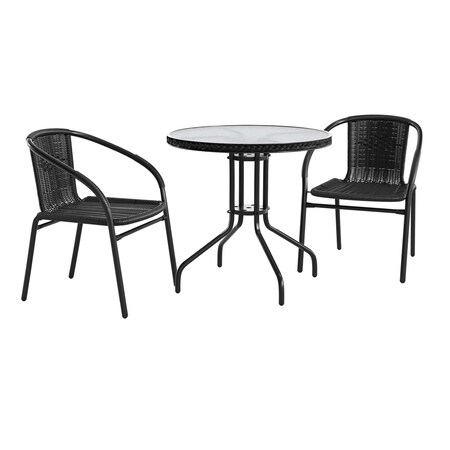 Flash Furniture Round Glass Table w/2 Blk Rattan Chrs, Rnd, 28", Aluminum, Glass, Metal, Plastic, Rattan, Clear TLH-087RD-037BK2-GG