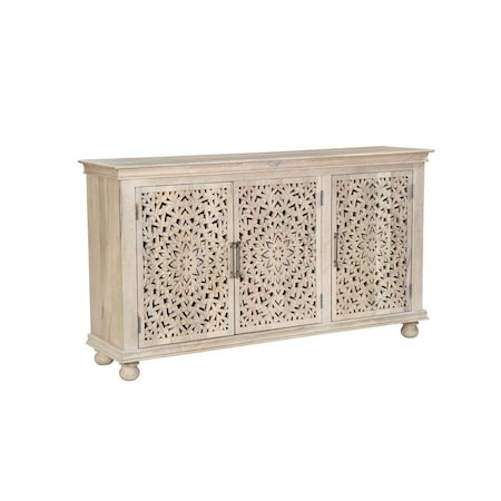 Homeroots 72" White Solid Wood Carved Floral Sideboard with Three Doors 635490