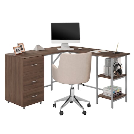 Homeroots 59" Walnut Wood and Stainless Steel L Shape Computer Desk With Three Drawers 723754