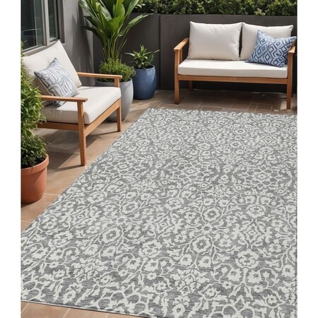Homeroots 5' X 8' Gray And Ivory Damask Washable Indoor Outdoor Area Rug 595152