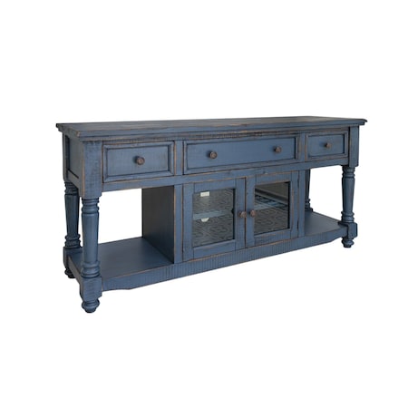 Homeroots 70" Blue Mango Solid Wood Open shelving Distressed TV Stand 528739