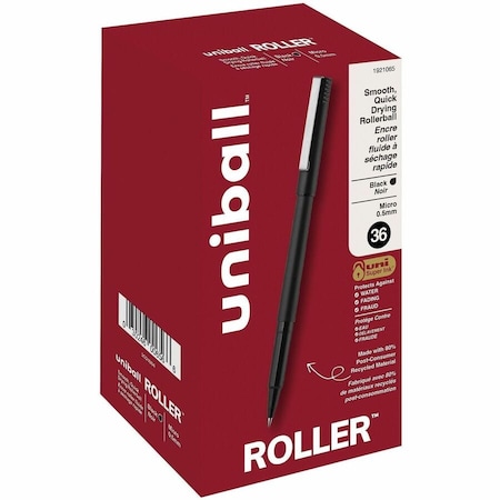 Uniball TM Roller Rollerball Pen, 0.5 mm Micro Pen Point, Black Ink, Liquid, Black Barrel, 36, 6PK 1921065