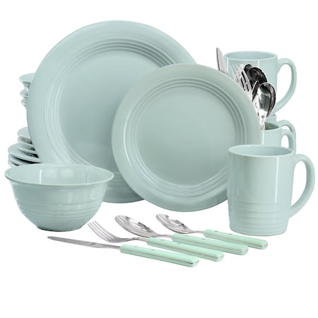 Martha Stewart 32 Piece Stoneware Dinnerware and Flatware Combo Set in Blue 96960.32