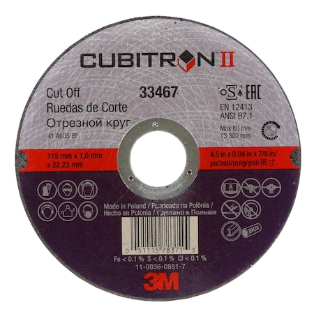 3M Cubitron Cut-off Wheel, Type 1, 4-1/2 in Dia, 0.04 in Thick, Precision Shaped Ceramic 33467