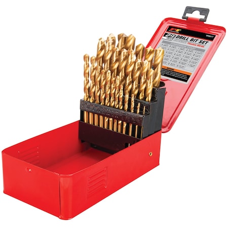 Performance Tool Drill Bit Set, 29 Pieces, Titanium-Coated HSS, Fractional Sizes, Steel Case W9017