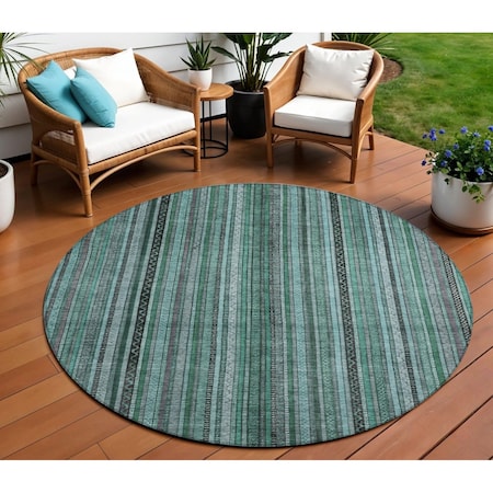 Homeroots 8' Teal Blue Aqua And Gray Round Striped Washable Indoor Outdoor Area Rug 616390