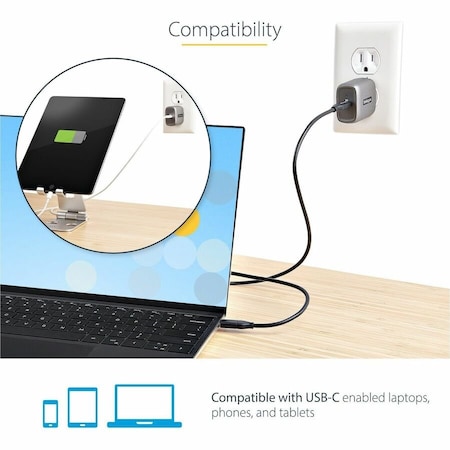 Startech.Com 30W USB-C Wall Charger - Portable GaN Charger w/ Power Delivery - 6ft Cable - USB C Power WCH1C30