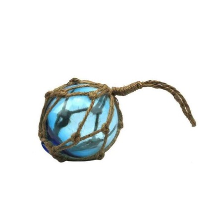 Handcrafted Decor Light Blue Japanese Glass Ball Fishing Float with Brown Netting Decoration- 3 in. 3 Light Blue Glass - Old