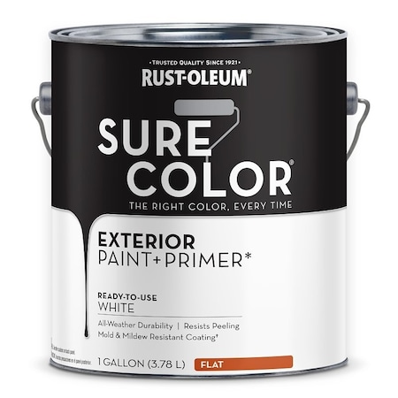 Rust-Oleum Sure Color Exterior Paint and Primer, Water, Flat, White, 1 gal Can, 400 sq-ft/gal Coverage Area 394670