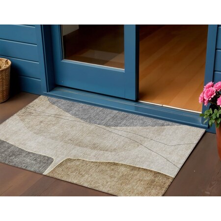 Homeroots 3' X 5' Taupe Beige And Gray Abstract Washable Indoor Outdoor Area Rug 582038