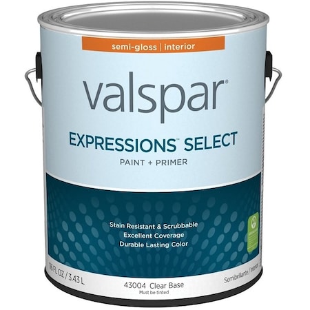 Valspar Expressions Select 4300 Latex Paint, Acrylic Base, Semi-Gloss Sheen, Clear Base, 1 gal 028.0043004.007