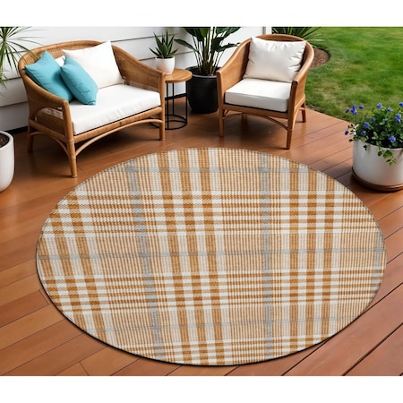 Homeroots 8' Brown Beige And Beige Round Plaid Washable Indoor Outdoor Area Rug 601502