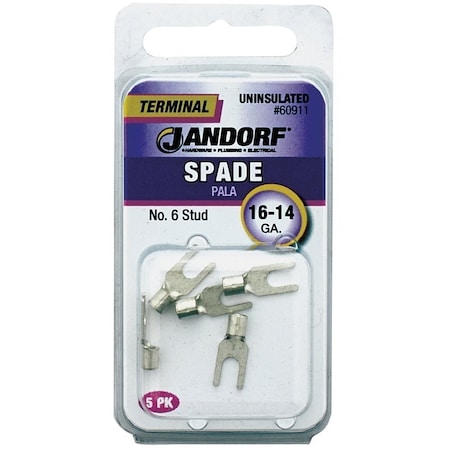 Jandorf Spade Terminal, 600 V, 16 to 14 AWG Wire, No 6 Stud, Copper Contact, 5PK 60911