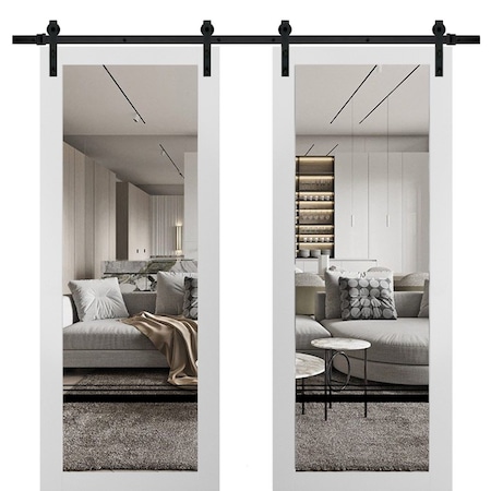 Sartodoors Sturdy Double Barn Door with Clear Glass, Lucia 2666 White Silk and Aluminum Strips, 13FT Rail Han LUCIA2666DB-WS-48 x 96 (2* 24x96)