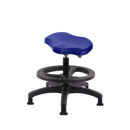 Blue Ridge Ergonomics Poly Ray Sit-Stand Stool - Medium Bench Height with Black Foot Ring & Stationary Glides in Blue Poly PRPMBSO-RG-BF-RG-BLU