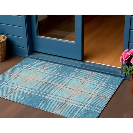 Homeroots 3' X 5' Teal Blue Gray And Brown Plaid Washable Indoor Outdoor Area Rug 596363