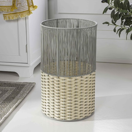 Happimess Harper Modern 4.13-Gallon 2-Tone Faux Wicker Cylinder Outdoor Trash Can, Gray/Cream HPM1101B