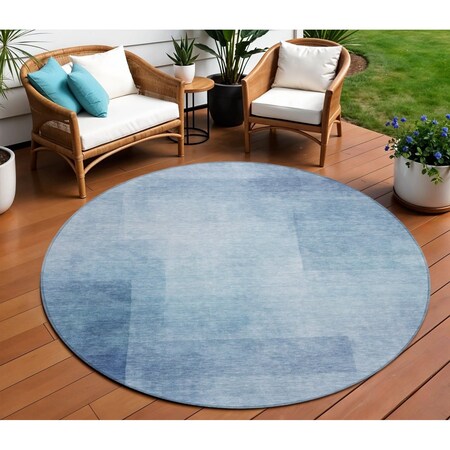 Homeroots 8' Blue Round Geometric Washable Indoor Outdoor Area Rug 608090