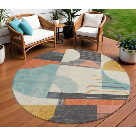 Homeroots 8' Gray Gold And Salmon Round Geometric Washable Indoor Outdoor Area Rug 617982