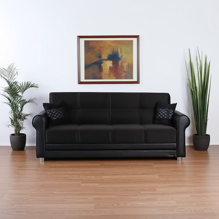 Homeroots 89" Black Polyester Convertible Futon Sleeper Sofa And Toss Pillows With Storage 607109