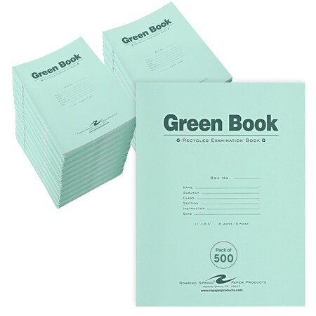 Roaring Spring Case of Recycled Exam Green Books, 8.5" x 11", 8 sheets/16 pages, Wide Ruled with Margin, PK500 77509cs