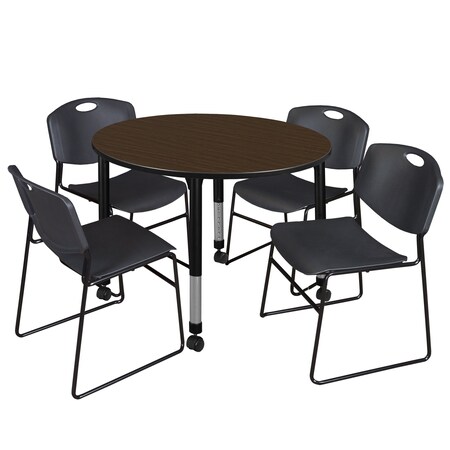 Regency Round Kee Mobile Adjustable Classroom Table W/ 4 Zeng Stack Chairs, 48 in W, 48 in L, Neo Walnut TB48RNDNWAPCBK44BK