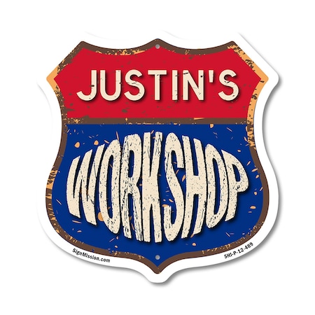 Signmission Justin's Workshop, 12 Inch X 12 Inch, Plastic Sign SHI-P-12-489-JUSTIN