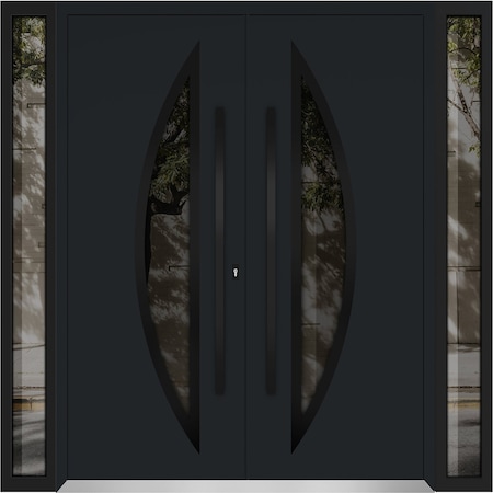 Vdomdoors Metal Double Doors Deux 6501 Black Enamel Opaque Black Glass 2 Sidelights Entry Modern Painted 96x8 DEUX6501DEXD-BLK-W12+72+12xH80-RH-I