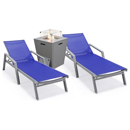 Leisuremod Marlin Grey Aluminum Patio Chaise Lounge Armchair Set of 2 with Square Fire Pit Table, Navy Blue MLAGRCF21-77NBU2