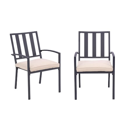 Homeroots Set of Two Dark Gray Aluminum Outdoor Stacking Dining Chairs with Beige Cushion, 2PK 489552
