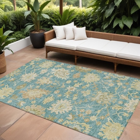 Homeroots 10' X 14' Teal Blue Ivory And Green Floral Washable Indoor Outdoor Area Rug 605228
