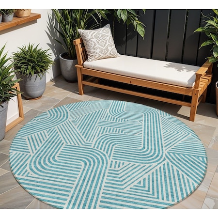 Homeroots 8' Teal Blue And Ivory Round Abstract Washable Indoor Outdoor Area Rug 594961