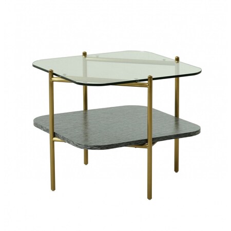 Homeroots 20" Gold And Clear Glass And Metal Square End Table With Shelf 487355
