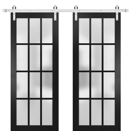 Sartodoors Sturdy Double Barn Door with Frosted Glass 12 Lites, Felicia 3312 Matte Black, 13FT Rail Hangers H FELICIA3312DB-S-BLK-56