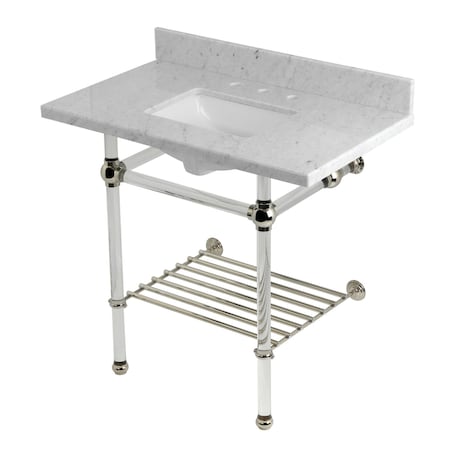 Kingston Brass 36-Inch Carrara Marble Console Sink with Acrylic Legs and Shelf, 8-Inch, 3-Hole KVPB36MASQB6