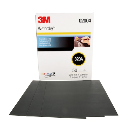 3M ABRASIVE SHEET, 11 IN L X 9 IN W, 320 GRIT, EXTRA FINE GRADE, SILICON CARBIDE, 50PK 7000148222