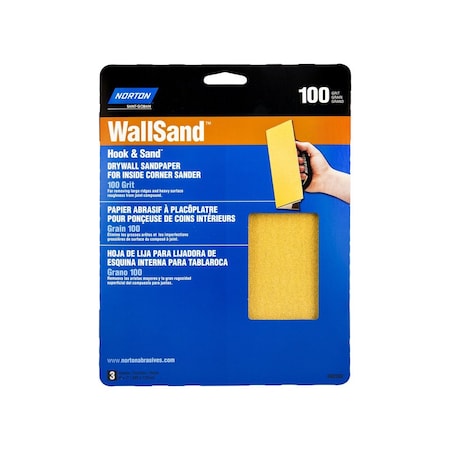 Norton Corner Sandpaper, 8 in L, 7 in W, P100 Grit, Medium, Aluminum Oxide Abrasive Yellow, 3PK 07660768103