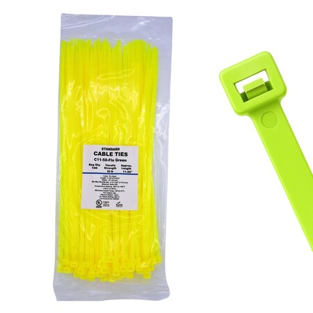 Cable Ties Unlimited Cable Tie, 11 in L, 50 lb Strength, 3.2 in Max Bundle Dia, Nylon 6/6, Fluorescent Green 100PK C11-50-Flo Green