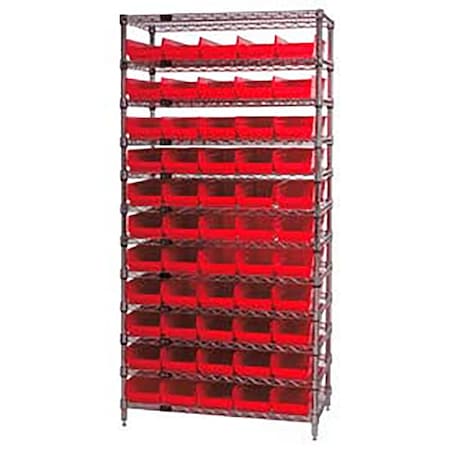 Global Industrial Chrome Wire Shelving with 55 4"H Plastic Shelf Bins Red, 36x24x74 268977RD