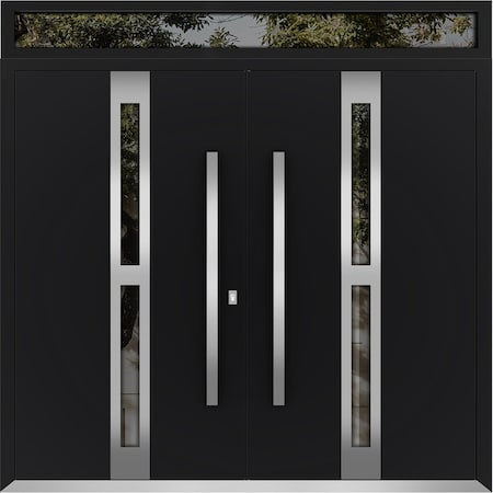 Vdomdoors Metal Double Doors Deux 1755 Black Enamel Opaque Black Glass Top Transom Top Transom Entry Modern P DEUX1755DEXD-BLK-W72xH80+14-RH-I