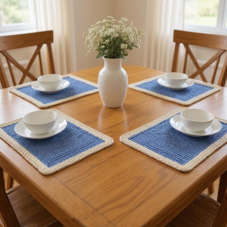 Homeroots 19" Set of Four Blue And Natural Solid With Border Cotton Placemats 548880