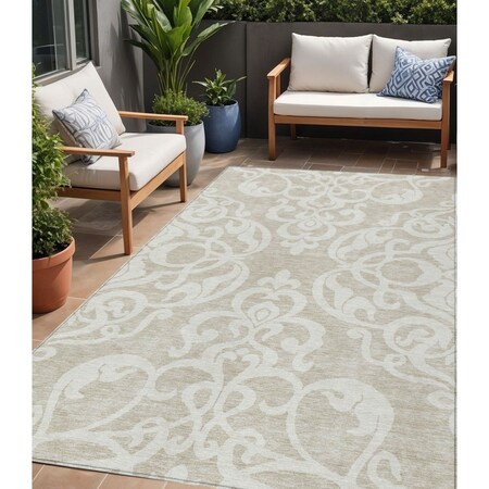 Homeroots 5' X 8' Beige And Ivory Damask Washable Indoor Outdoor Area Rug 614402